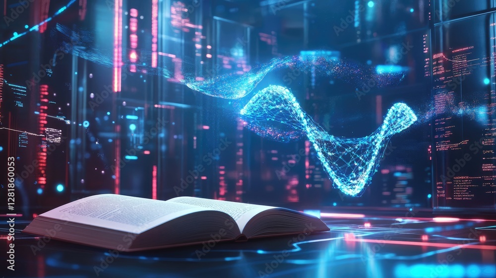 Poster a digital learning space with an open book on a desk and a high-tech holographic dna strand hovering