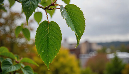 Spring rain drops on leaves in urban park, seasonal renewal