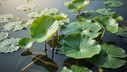 Serene lily pad leaves floating on still pond at dawn, seasonal renewal