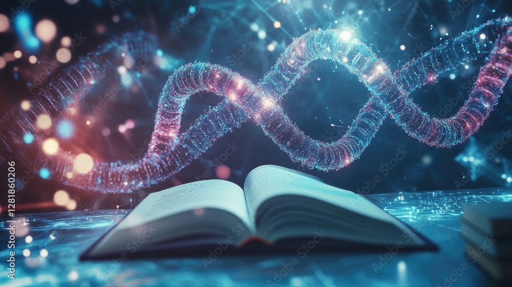 Poster a digital learning space with an open book on a desk and a high-tech holographic dna strand hovering