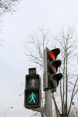 Traffic light on a street in Madrid, in its different colors and figures, whether red, green, amber...