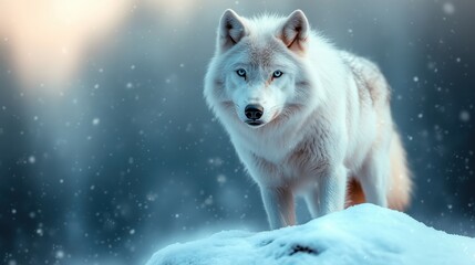 Obraz premium A striking portrait of a white wolf in a snow-covered forest, showcasing its piercing blue eyes and graceful stance amidst falling snowflakes that create a mystical atmosphere.