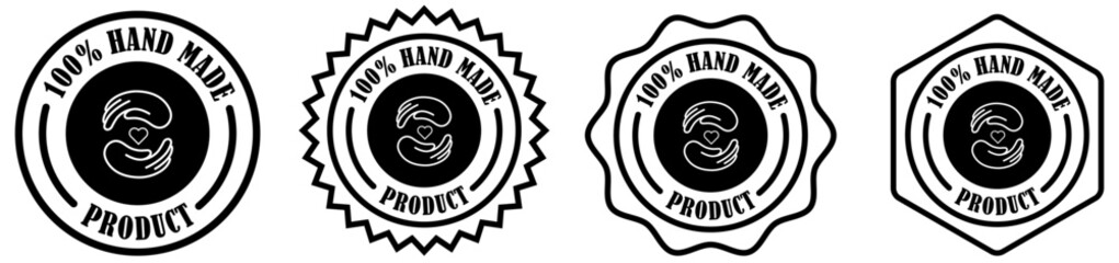 100% handmade product insignia set on white background. Round handmade product stamp. Handmade seal for packaging. Label icon for handcrafted item. Simple handmade logo badge. Vector illustration
