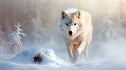 Obraz premium A graceful white wolf walks through a serene snowy landscape, with its lush fur catching the soft light, symbolizing the beauty and resilience of nature in freezing conditions.