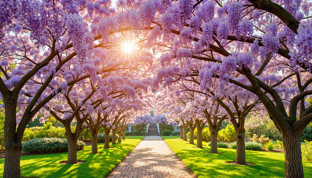 Wisteria vines blooming in sunny garden, welcoming spring guests