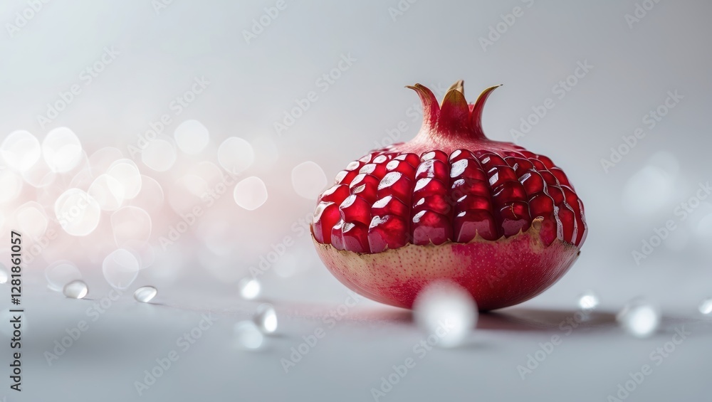 Poster pomegranate showcasing vibrant seeds on a soft background with sparkling elements during a calm indo