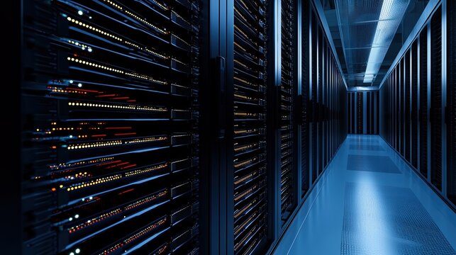 Advanced technology in a modern data center showcasing rows of powerful servers illuminating the dark hallway