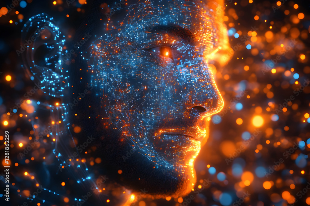 Poster abstract digital portrait of man, glowing particles, dynamic background. possible use for technology