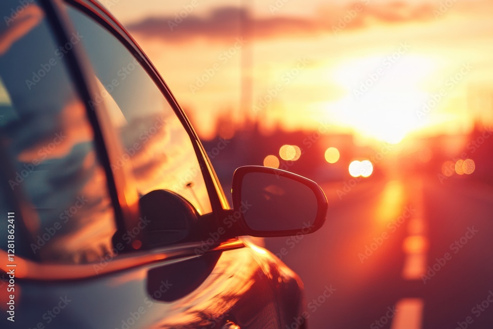 Aufkleber Sunset reflection on a car side mirror while driving down a highway at dusk. Generative AI