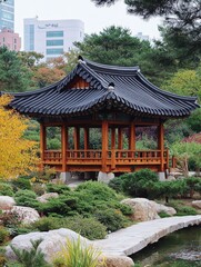 Fototapeta premium Traditional Korean Style Wooden Pavilion in a Garden