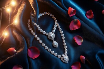 A luxurious flat lay of a diamond necklace and matching earrings on a plush velvet fabric, with scattered rose petals and dramatic lighting