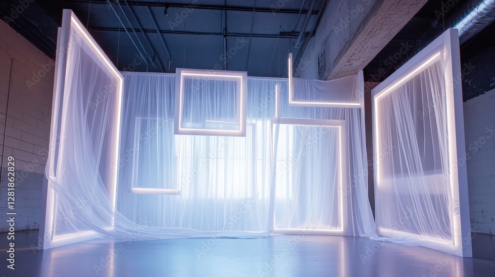Poster elegant illuminated framework installation with ethereal fabric backdrop