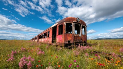 Obraz premium The image shows a weathered train car surrounded by blooming wildflowers, encapsulating the serene beauty of nature overcoming human relics left behind.