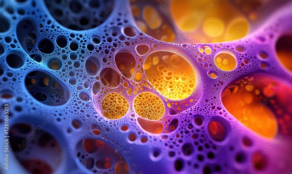 Poster dynamic interplay of microscopic cells revealing vibrant hues and intricate structures