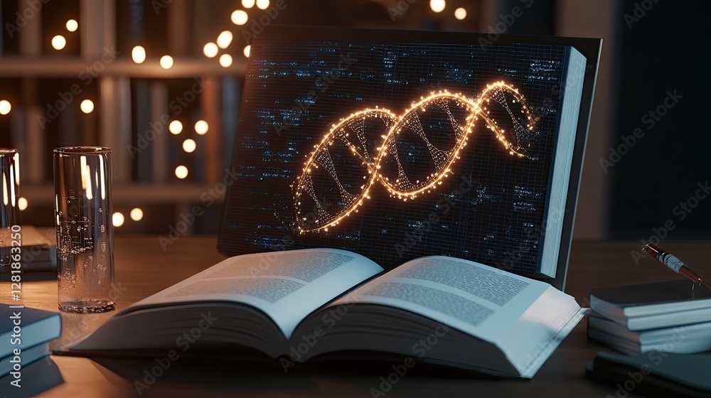Poster a study table with an open book displaying an interactive 3d dna hologram, symbolizing education and
