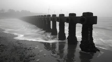 A long row of wooden pillars in the foggy seaside