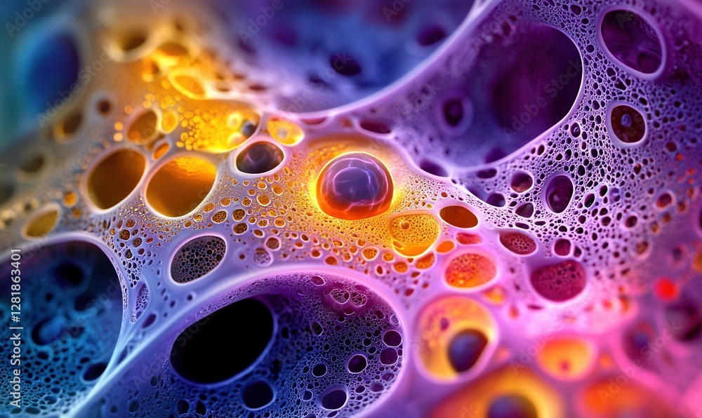 Poster exploring the vibrant universe of microscopic cells and their radiant nuclei within a colorful cellu