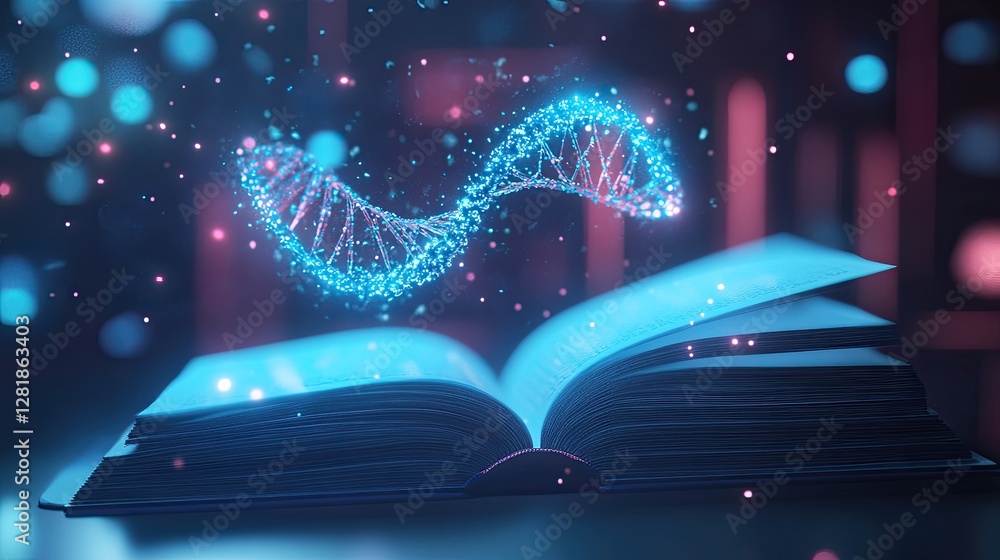 Poster a tech-savvy learning environment with an open book casting a floating holographic dna strand.