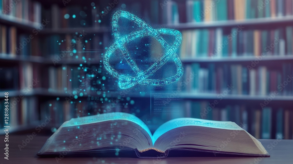 Poster a tech-savvy learning environment with an open book casting a floating holographic dna strand.