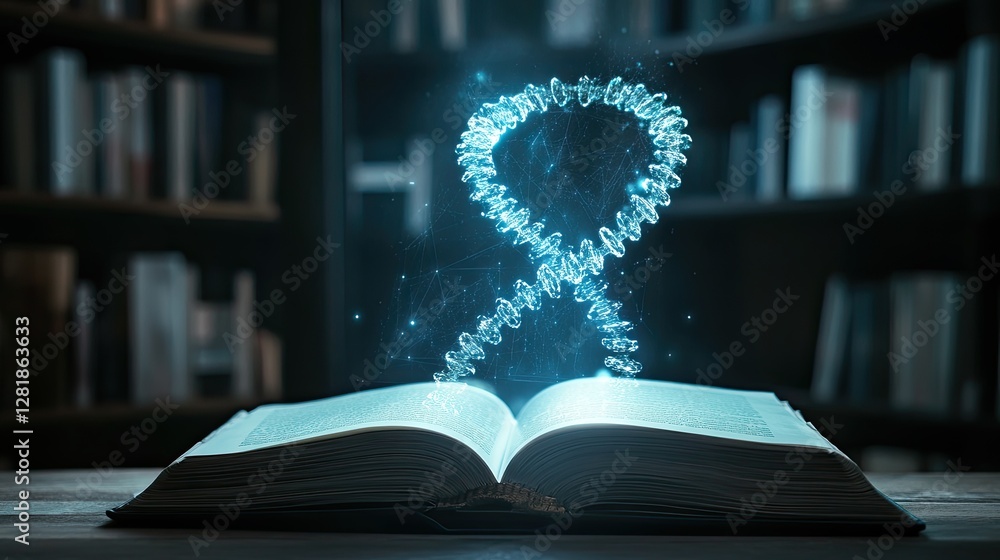 Poster a tech-savvy learning environment with an open book casting a floating holographic dna strand.