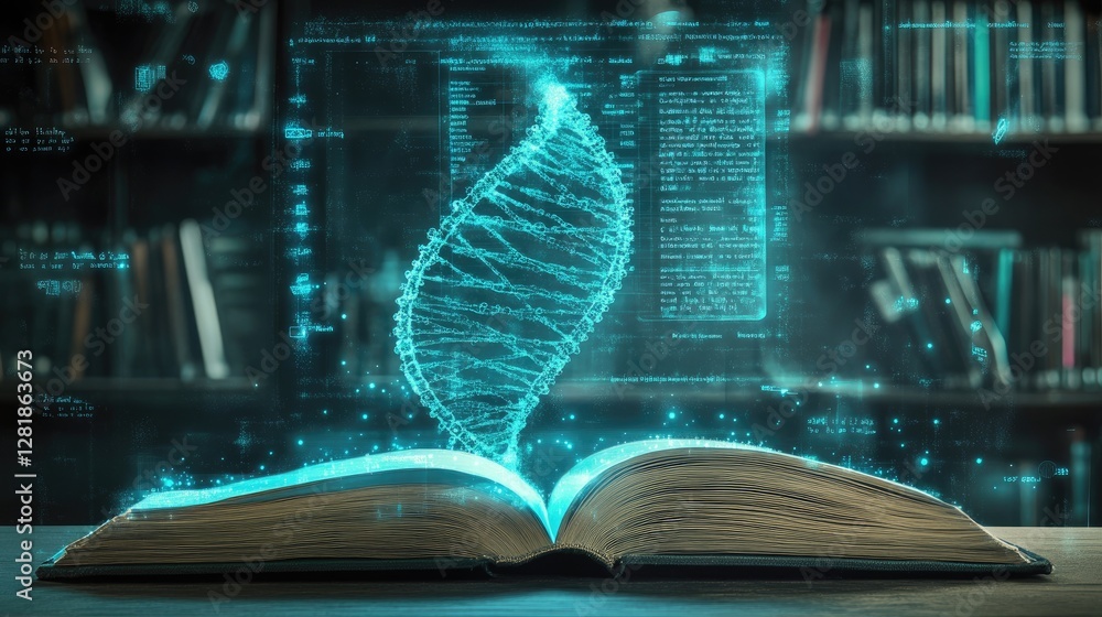 Poster a virtual classroom concept showing an open book with a floating interactive dna hologram.