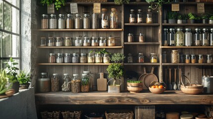 Rustic Kitchen Shelf with Jars, Herbs, and Fresh Ingredients