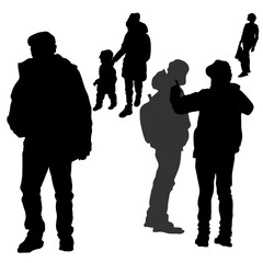 Six vector silhouettes of a woman and a child. A man points with his finger, a view from the back. A girl with a bag in her hand. A passerby in a jacket. White background.