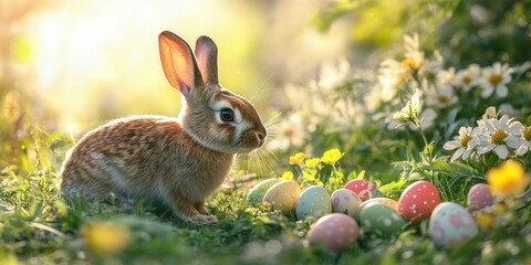 Rabbit exploring colorful Easter eggs in a vibrant garden filled with blooming flowers during spring morning