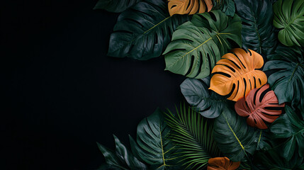 Dramatic Tropical Foliage Arrangement on Dark Background with Negative Space