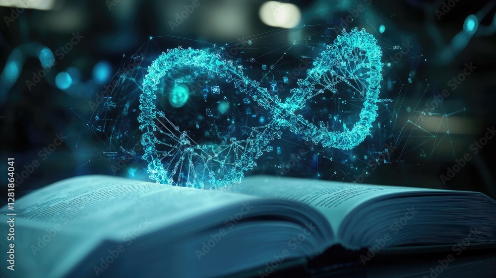 Poster an ai-driven learning experience visualized through an open book with a hovering dna hologram