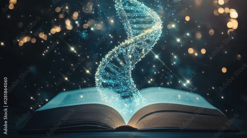 Poster a virtual classroom concept showing an open book with a floating interactive dna hologram.