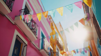 Brightly colored bunting strung across a narrow street adds a festive touch to the colorful buildings, creating a cheerful and vibrant atmosphere in a traditional spanish town
