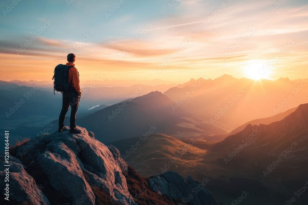 Poster hiker enjoys breathtaking sunset view from mountain peak overlooking expansive landscape. generative