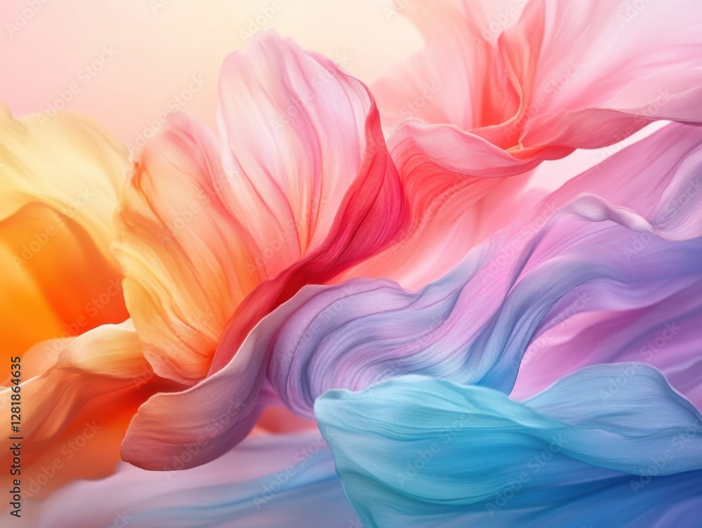 Poster abstract flowing fabric in vibrant pastel hues creating a soft dreamy texture with a dynamic composi