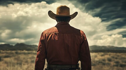 Lone Cowboy Contemplating Vast Western Landscape Under Dramatic Sky