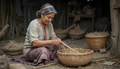 woman is making basket 