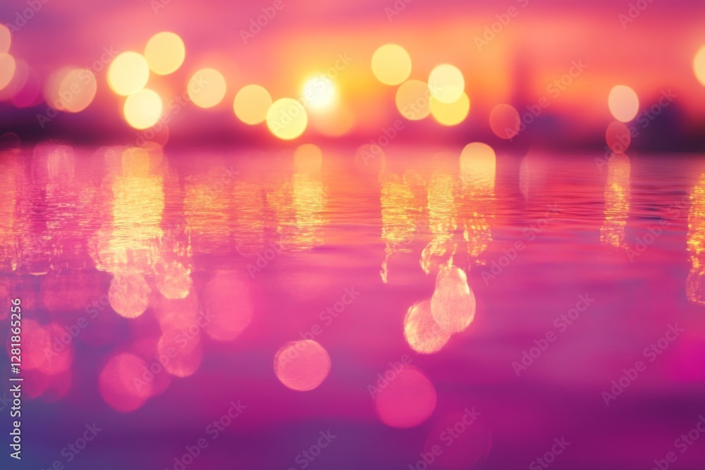 Poster vibrant sunset reflections creating a colorful bokeh effect over calm water during twilight hours