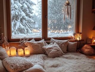Cozy interior scene of a room with window view during winter