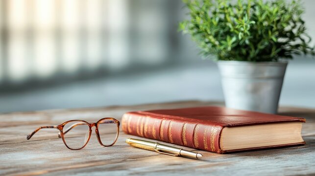 A stylish and elegant setup featuring reading glasses, a vintage book, and a sleek pen, surrounded by greenery, perfect for a focused study vibe and creativity boost.