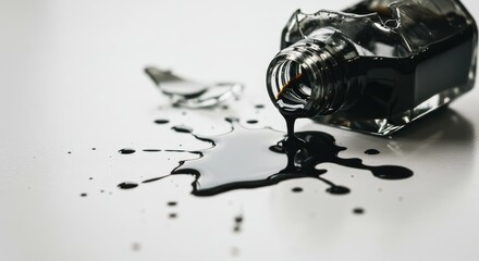 Dramatic spill, Broken ink bottle unleashing dark liquid on white canvas