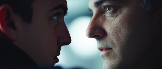 A dramatic face-off between two individuals with intense gazes, capturing tension and a moment of confrontation.