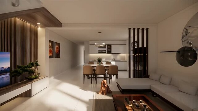 Modern interior design walkthrough animation.
Luxurious apartment interior design 3d visualization.  Architectural design motion graphic 3d rendering. 
