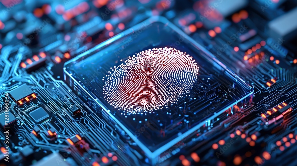 Poster fingerprints merge with tech on a glowing circuit board, symbolizing the rise of biometrics and digi