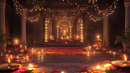 A sacred space glows with the warm light of countless candles and fairy lights, celebrating a Diwali festival in an ancient temple, adorned with intricate golden details and red flower petals.