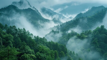 View of a Mountain Range Covered in Fog Nature Background
