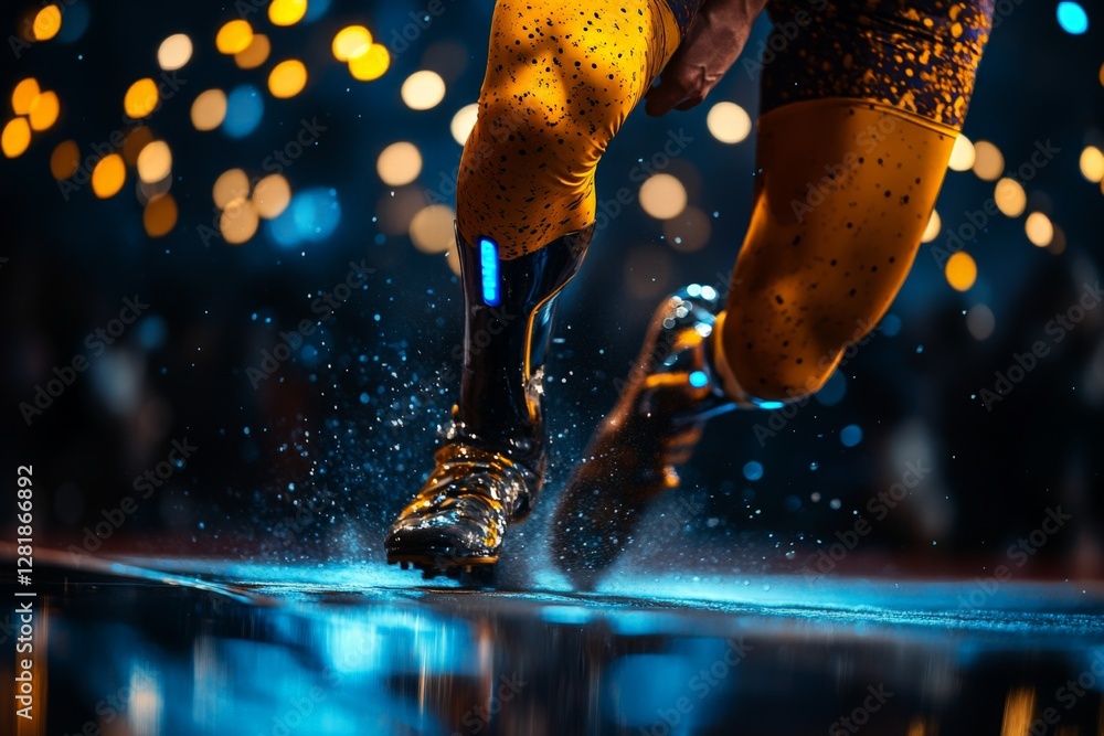 Poster dynamic athlete sprinting on illuminated track with water splashes during competitive event in vibra