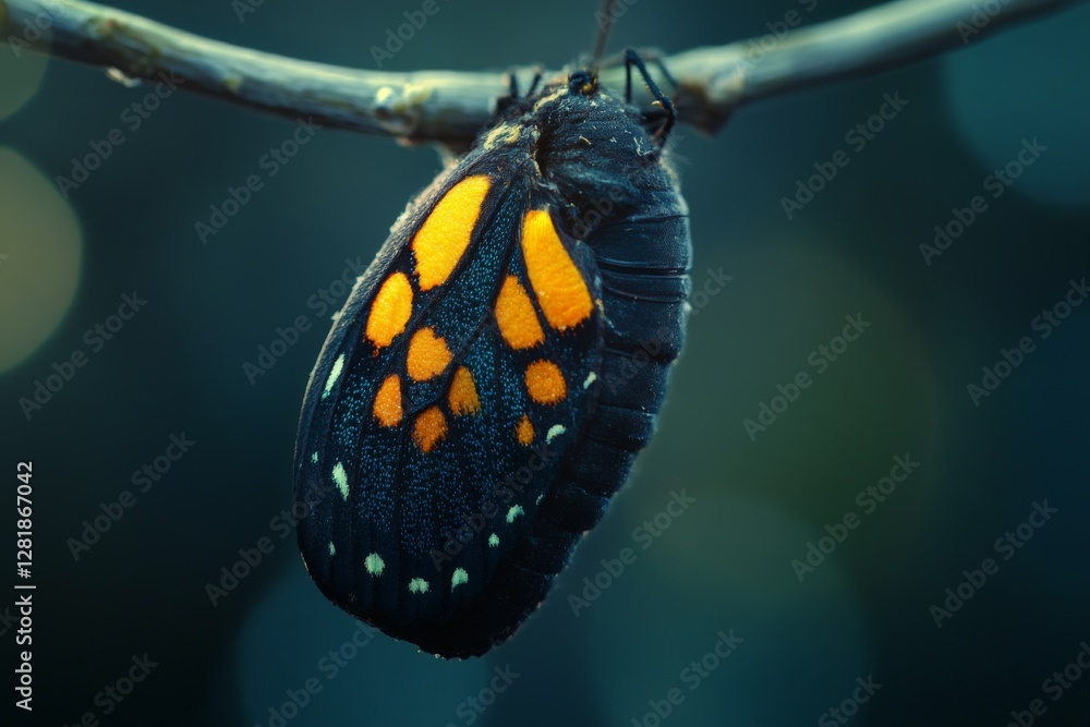 Poster beautiful butterfly resting on a branch with vibrant colors at twilight in a forest setting