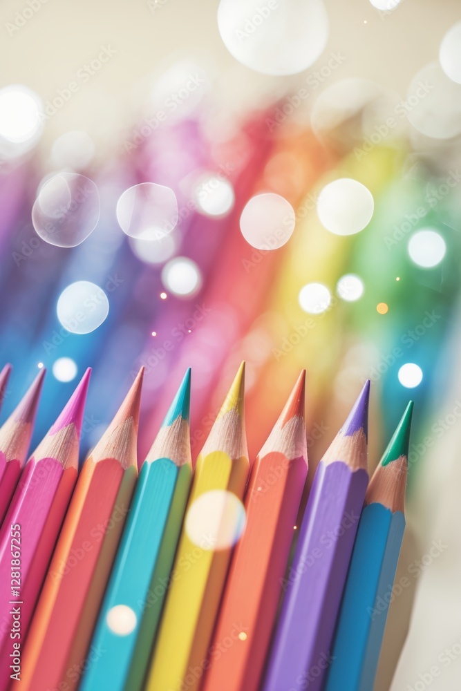 Poster colorful pencils arranged in a row with soft bokeh highlights, ideal for creative projects and artis