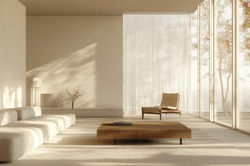 A modern minimalist living room with neutral tones, clean lines, and soft natural light streaming in through large windows, creating a calm and elegant aesthetic, taken in Copenhagen, Denmark