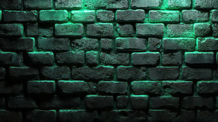 Glowing green neon on grey brick wall texture for background design